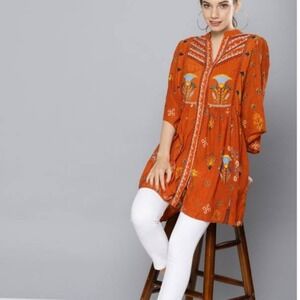 RITU KUMAR Orange Floral Embroidered V Neck Tunic Top L Shirt Women's Size L